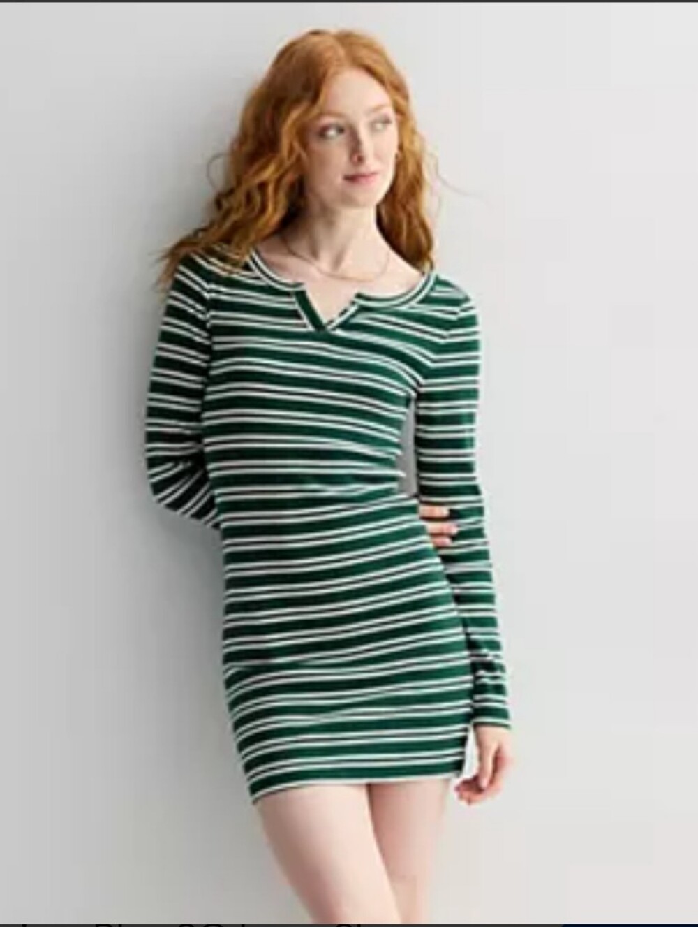 SO Striped Henley Long-Sleeve Green & White Fitted Dress Juniors XL NWT